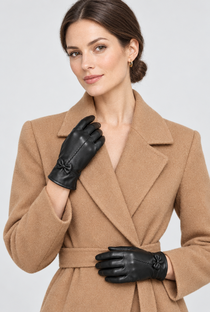 Gants d'hiver effet cuir à petit nœud — Noir — portée, plan large