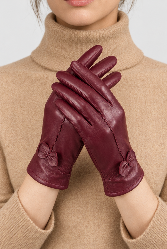 Burgundy bow-trim gloves, worn hero