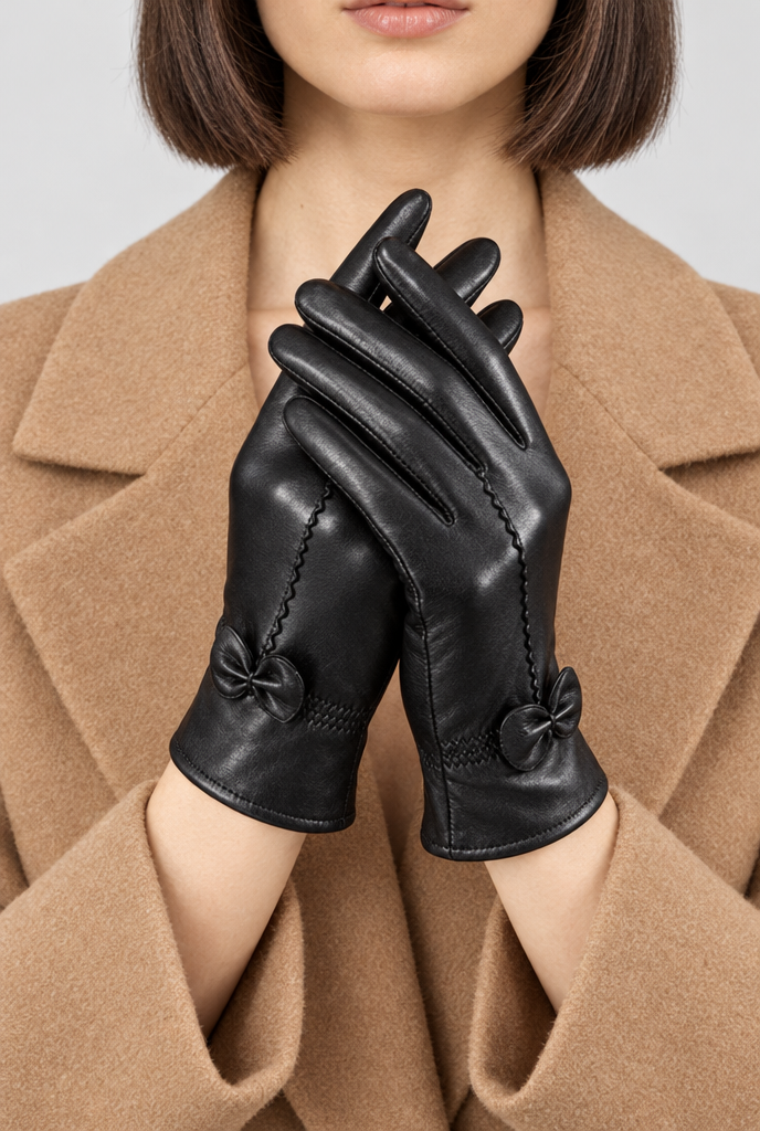 Gants d'hiver effet cuir à petit nœud — Noir — photo principale