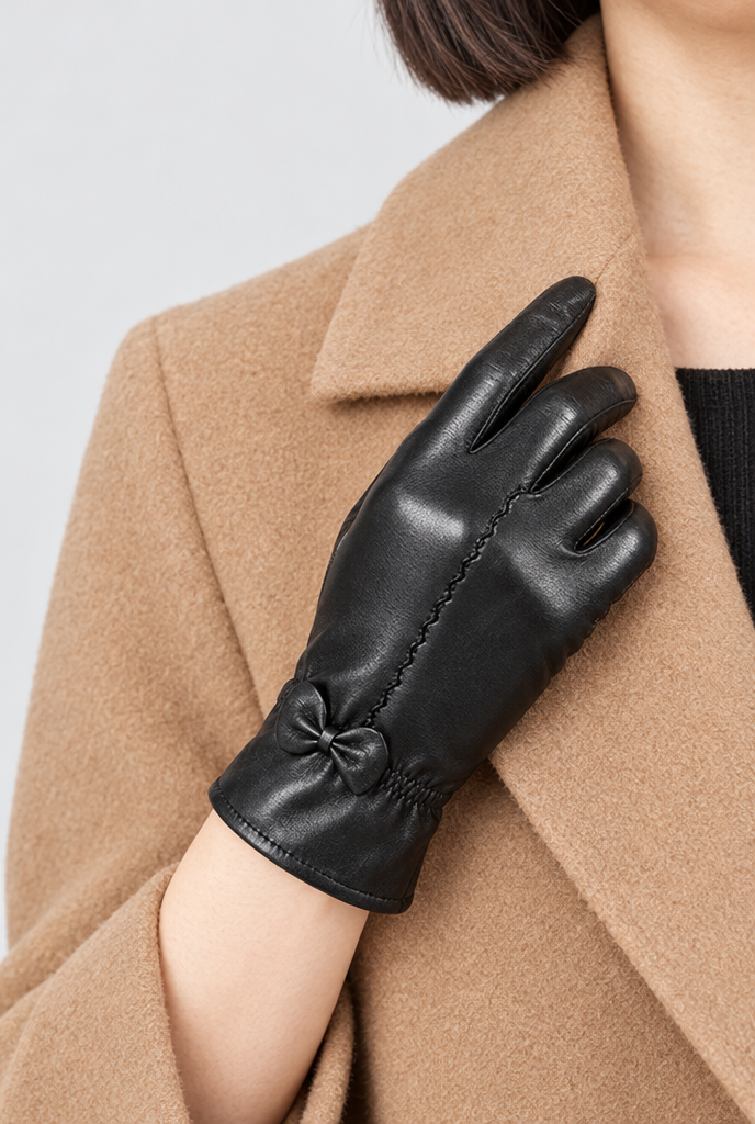 Black bow-trim gloves, second angle