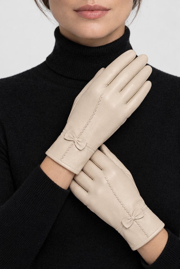 Gants d'hiver effet cuir à petit nœud — Crème — photo principale
