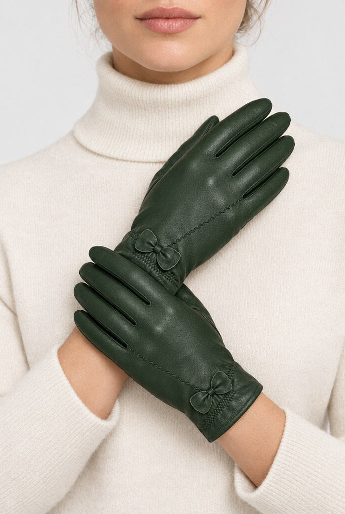 Forest Green bow-trim gloves, worn hero