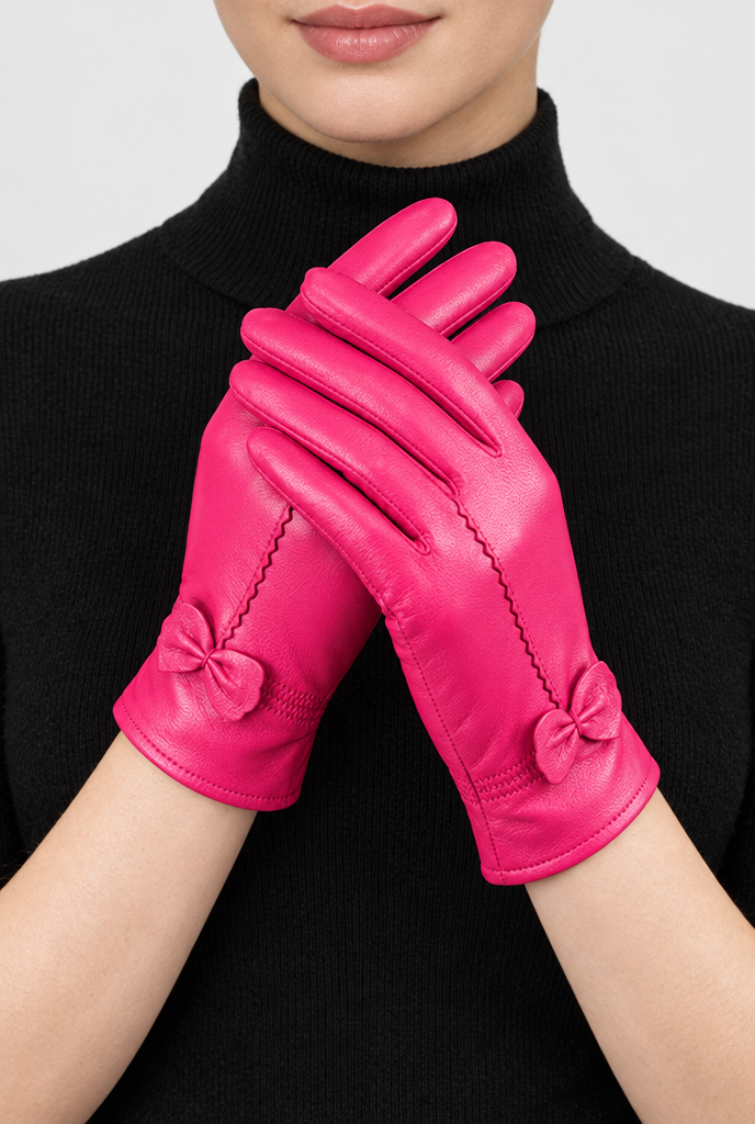 Fuchsia bow-trim gloves, worn hero