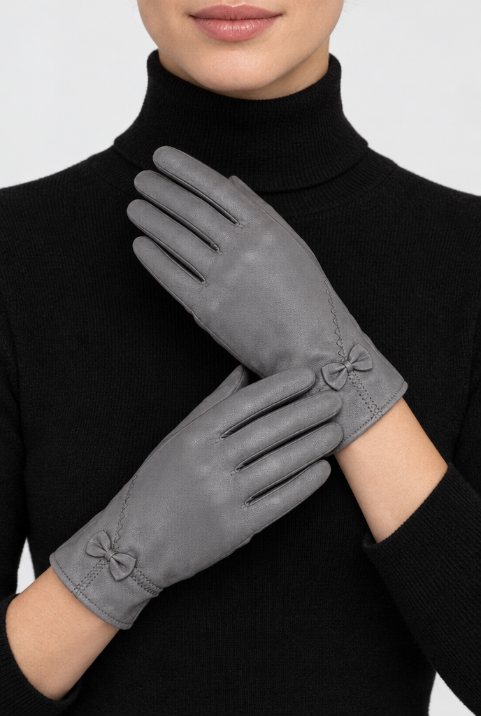 Grey bow-trim gloves, worn hero