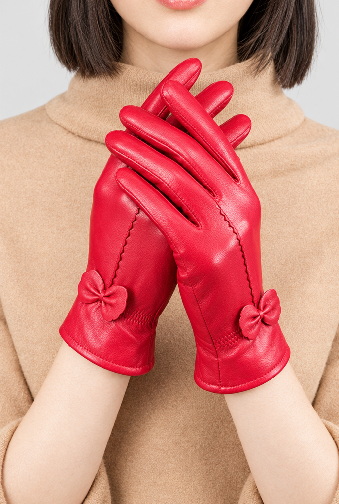 Red bow-trim gloves, worn hero