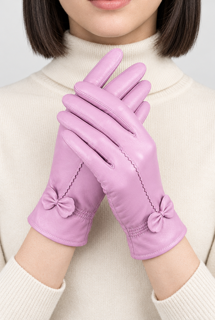 Orchid bow-trim gloves, worn hero