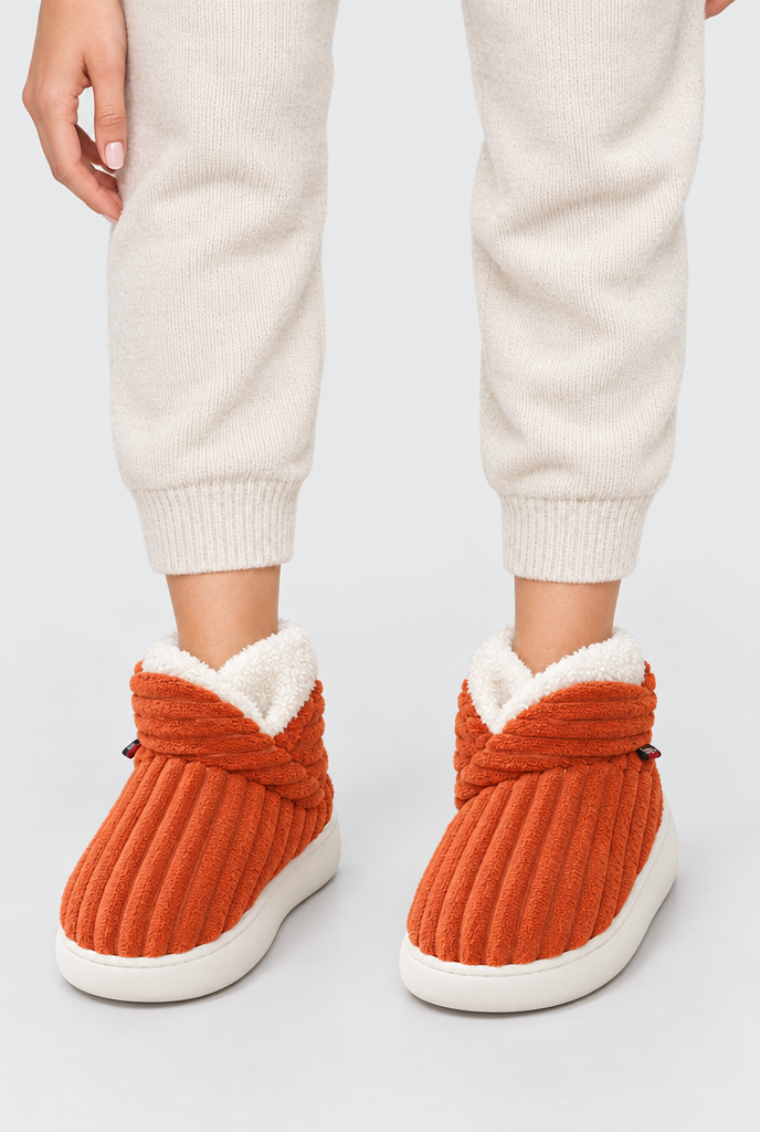 Burnt Orange ribbed plush bootie slippers, on-feet hero
