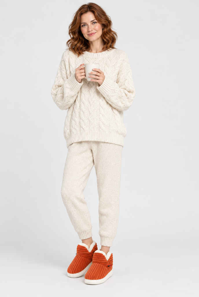 Burnt Orange ribbed plush bootie slippers, full body