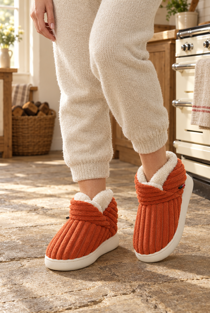 Chaussons bottines en peluche côtelée — Orange brûlé — en situation