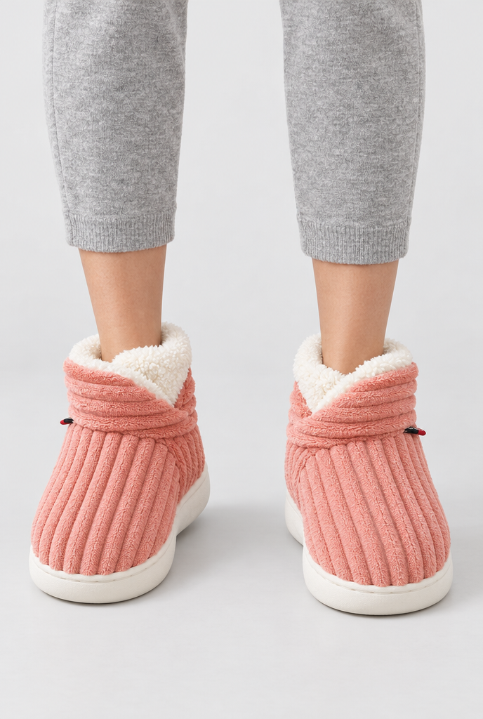 Coral Pink ribbed plush bootie slippers, on-feet hero