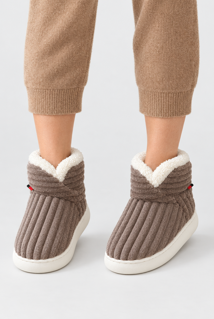 Mocha ribbed plush bootie slippers, on-feet hero