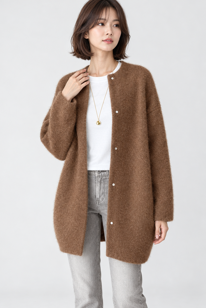 Long cardigan col rond en maille duveteuse — Cannelle — photo principale