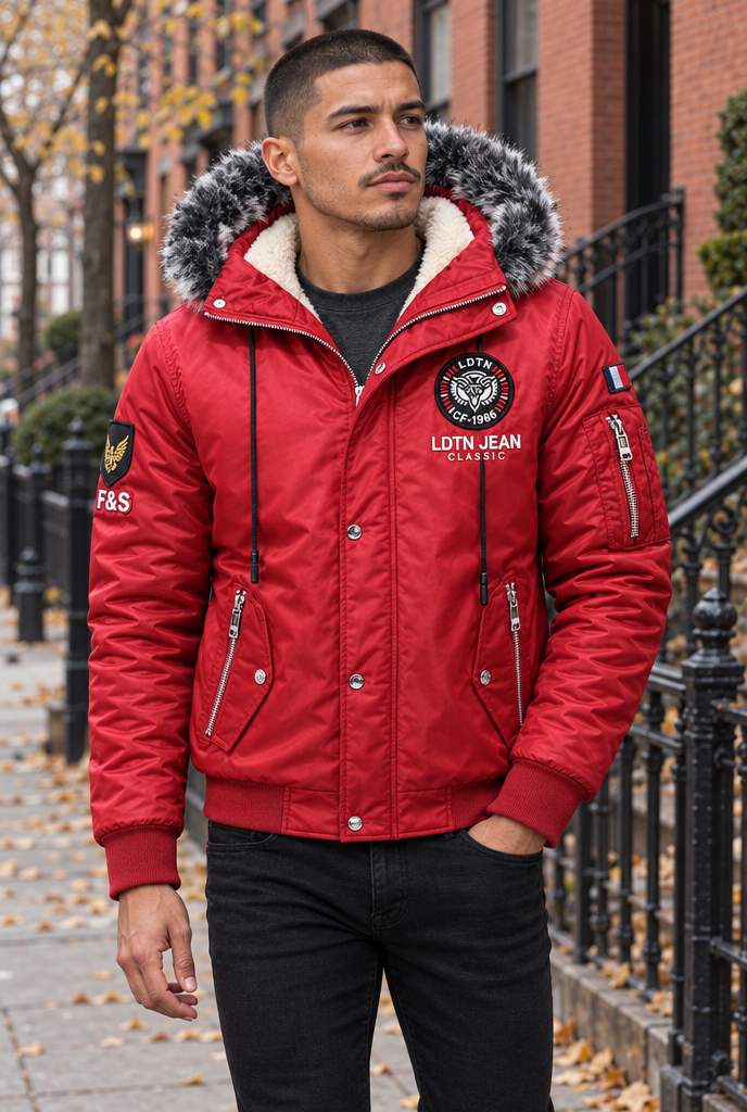 Blouson doublé sherpa à capuche fausse fourrure — Rouge — en situation