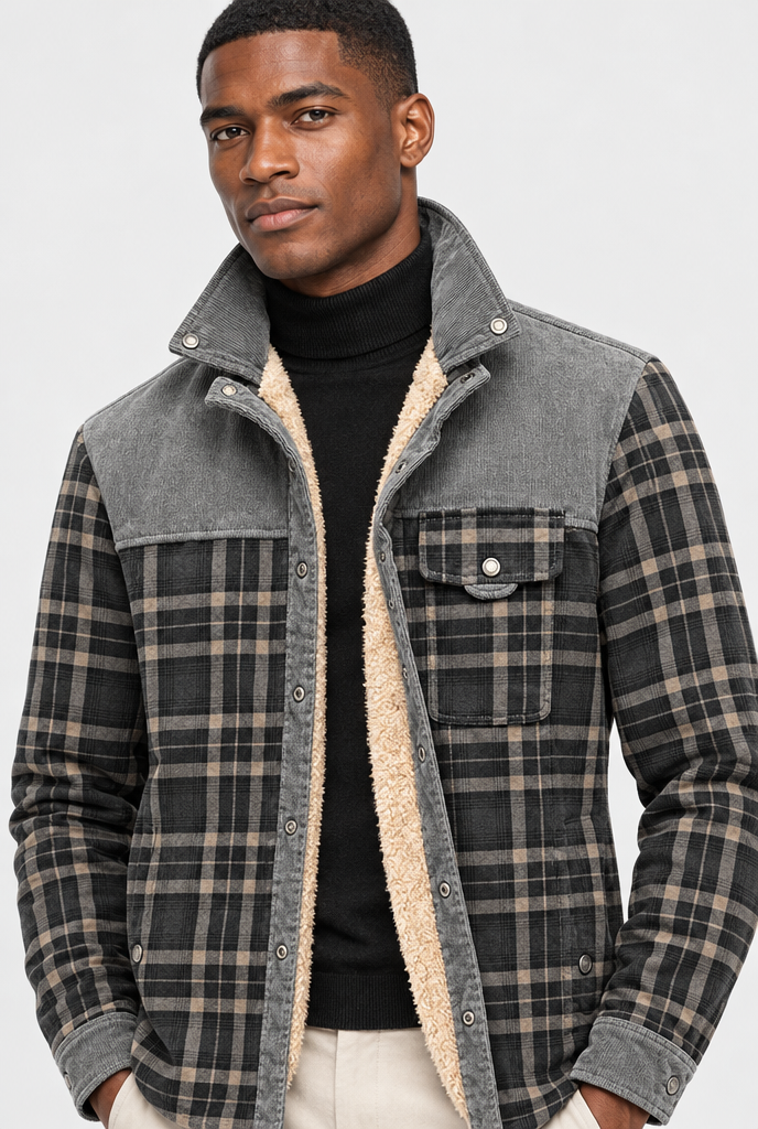 Surchemise à carreaux doublée sherpa en velours côtelé — Tartan gris — détail