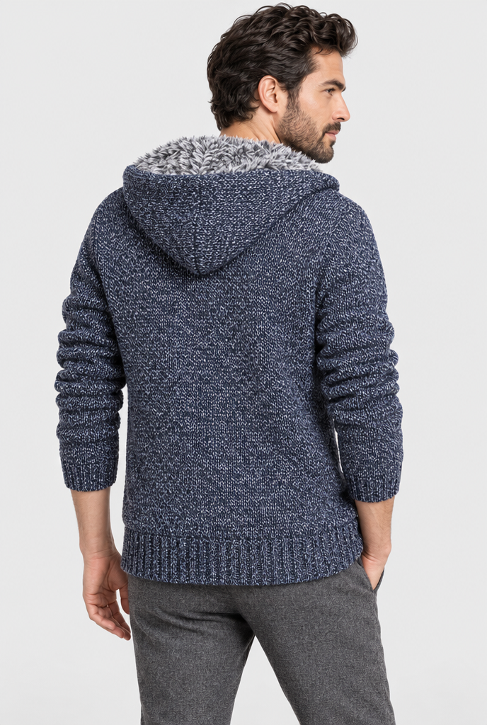 Veste zippée à capuche en maille doublée fausse fourrure — Bleu denim — vue de dos