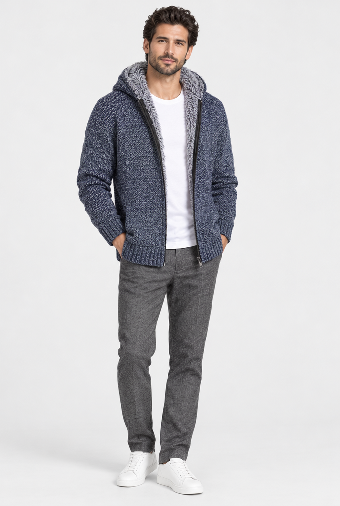Veste zippée à capuche en maille doublée fausse fourrure — Bleu denim — silhouette complète