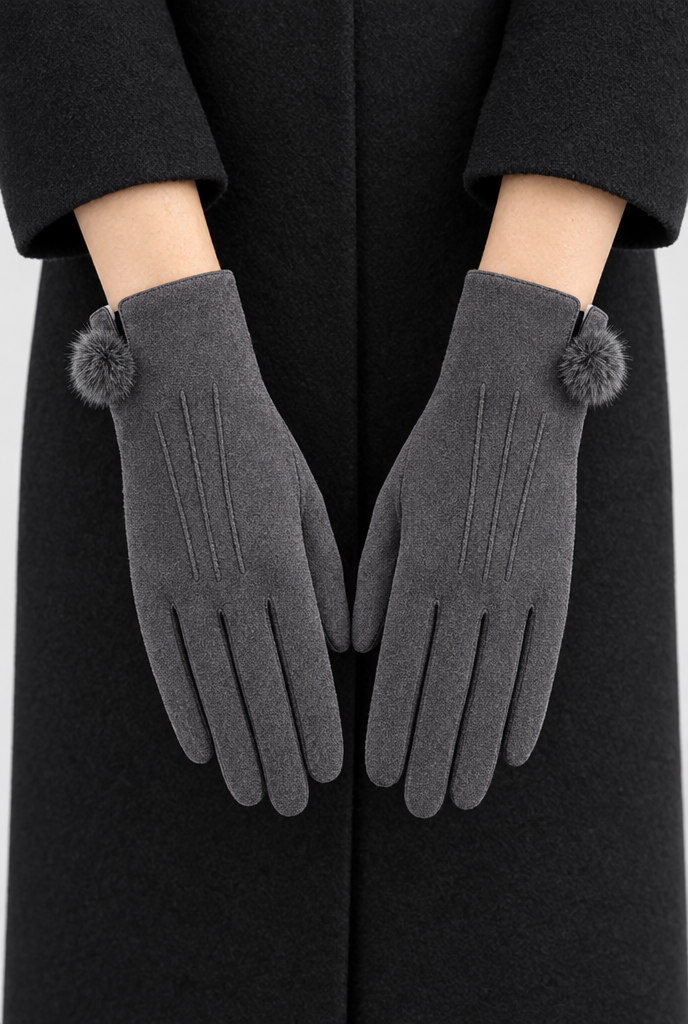 Charcoal Pom-Pom faux suede gloves, side view