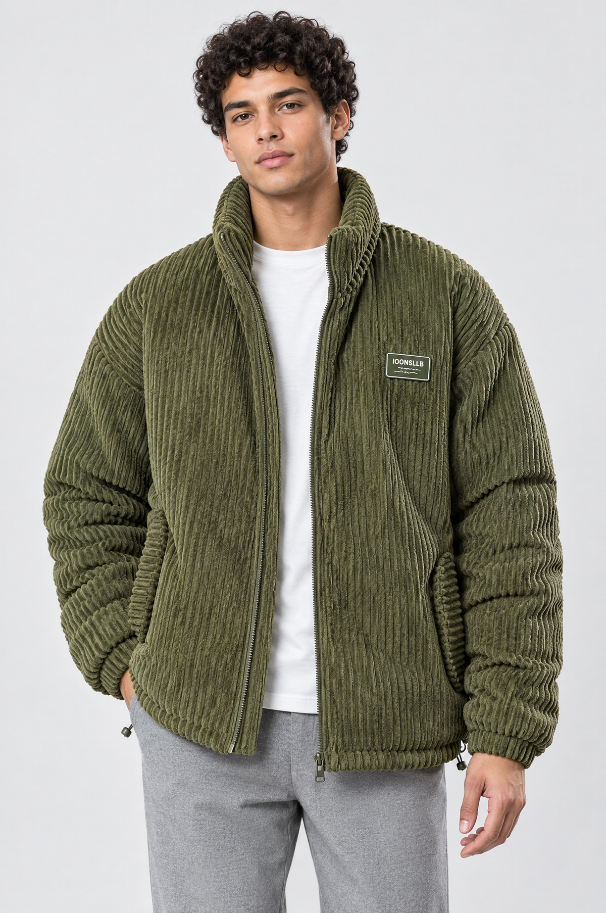 Olive padded corduroy stand-collar jacket, studio hero