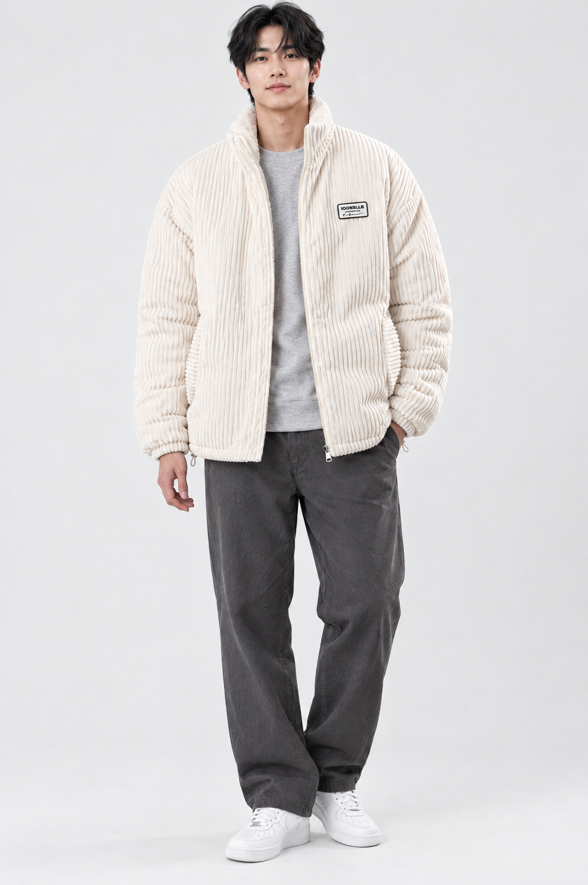 Cream padded corduroy stand-collar jacket, full body