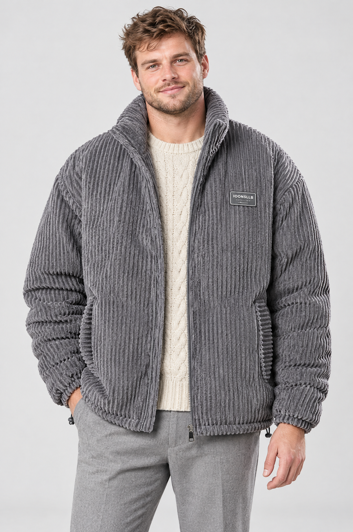Grey padded corduroy stand-collar jacket, studio hero