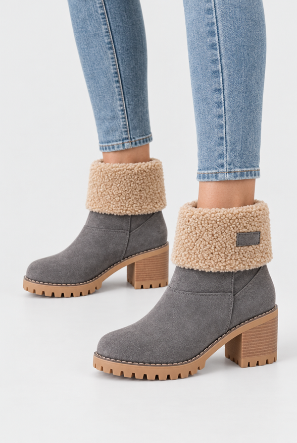 Fold-Over Sherpa Cuff Block Heel Ankle Boots