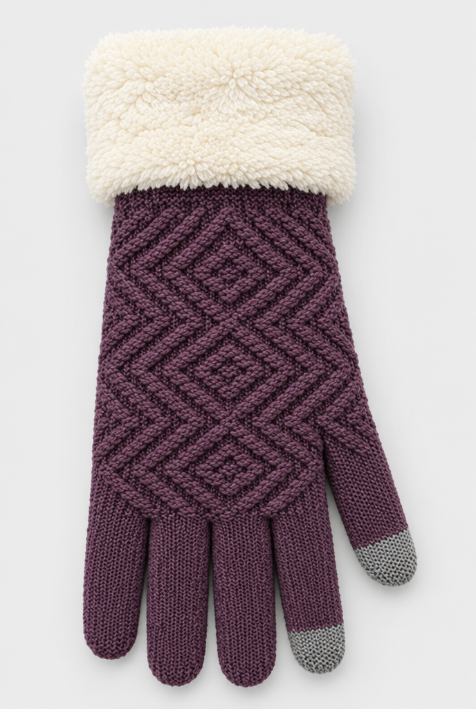 Gants en maille doublés, revers peluche et bouts tactiles — Prune — gros plan matière
