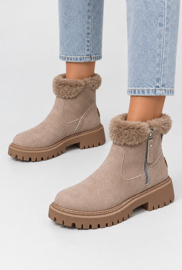 Bottines zippées en suédine doublées peluche — Taupe