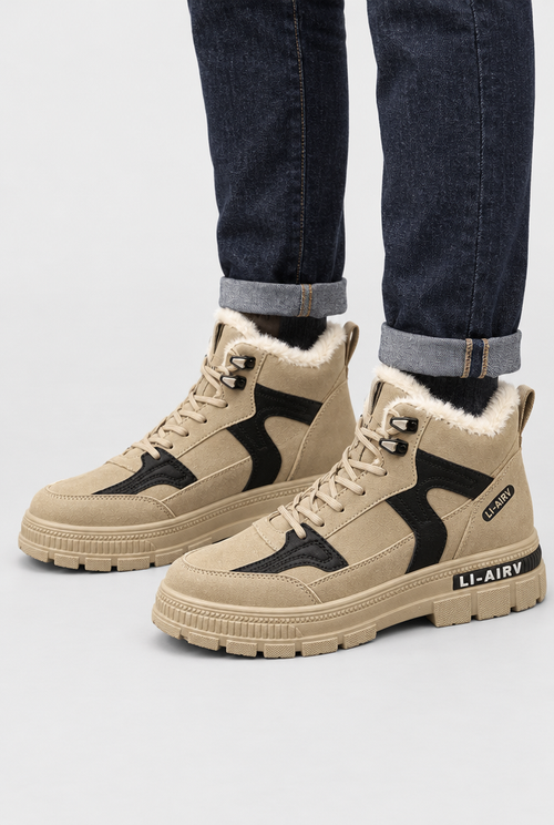 Sand plush-lined high-top sneakers, on-feet hero