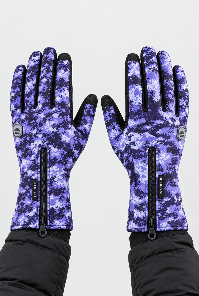 Gants d'hiver coupe-vent tactiles à poignet zippé — Camouflage bleu — portée