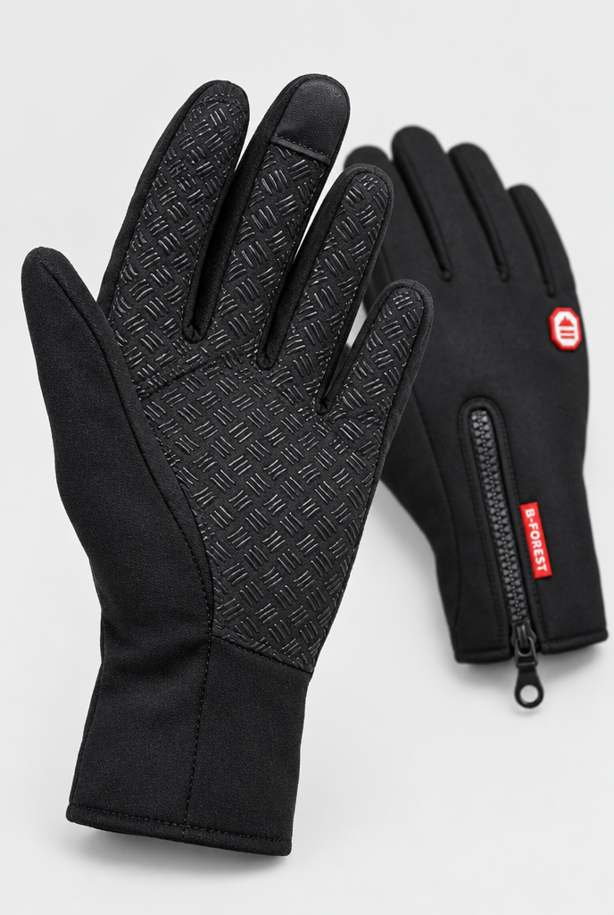 Gants d'hiver coupe-vent tactiles à poignet zippé — Noir antidérapant — gros plan matière
