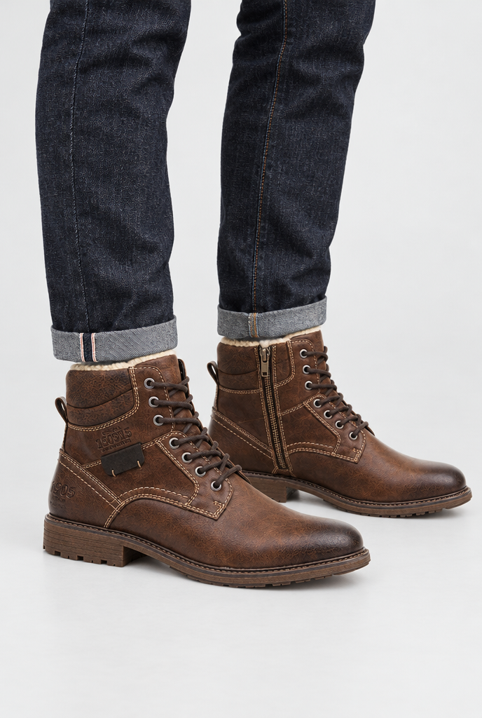 Brown faux fur lined lace-up boots, on-feet hero