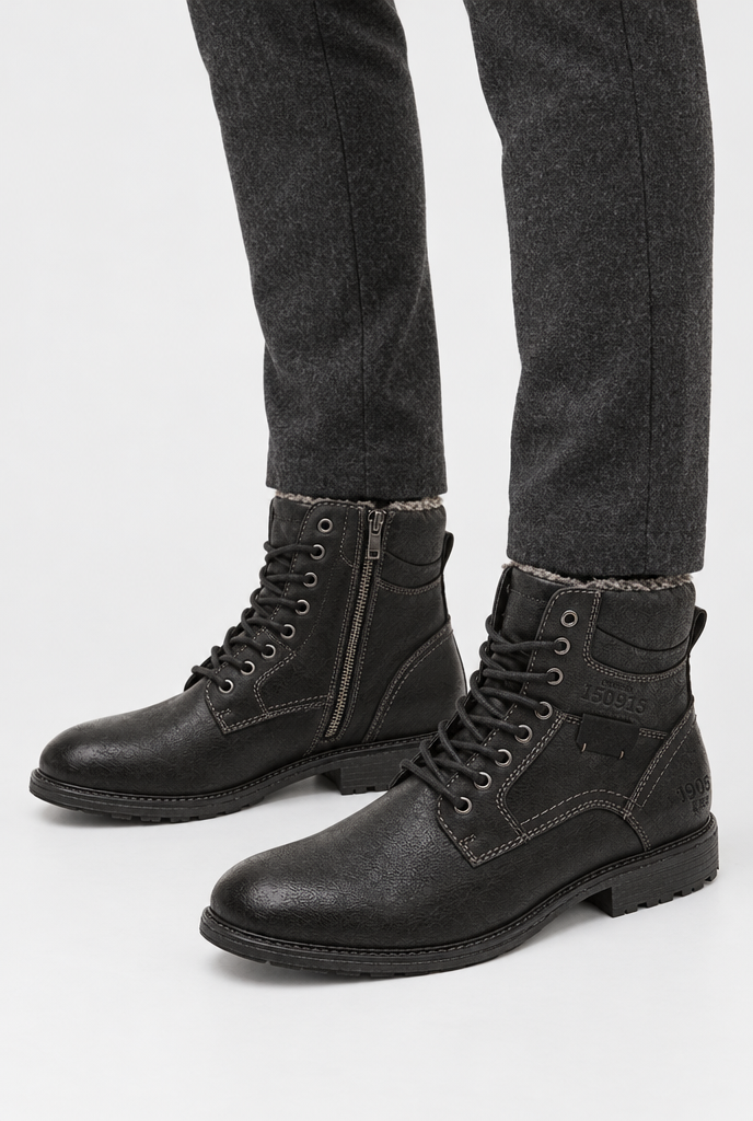 Black faux fur lined lace-up boots, on-feet hero