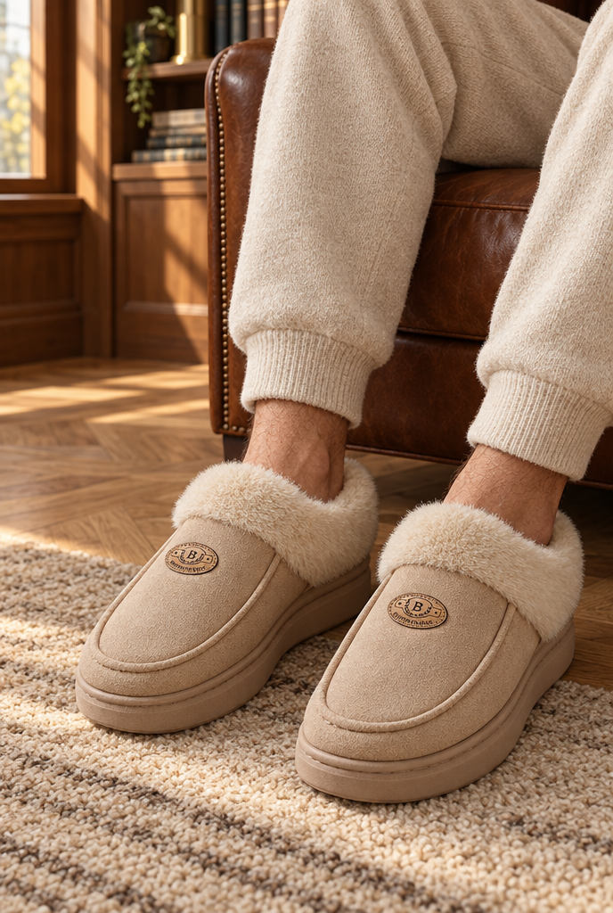 Chaussons fermés à revers en fausse fourrure Homme — Sable — en situation