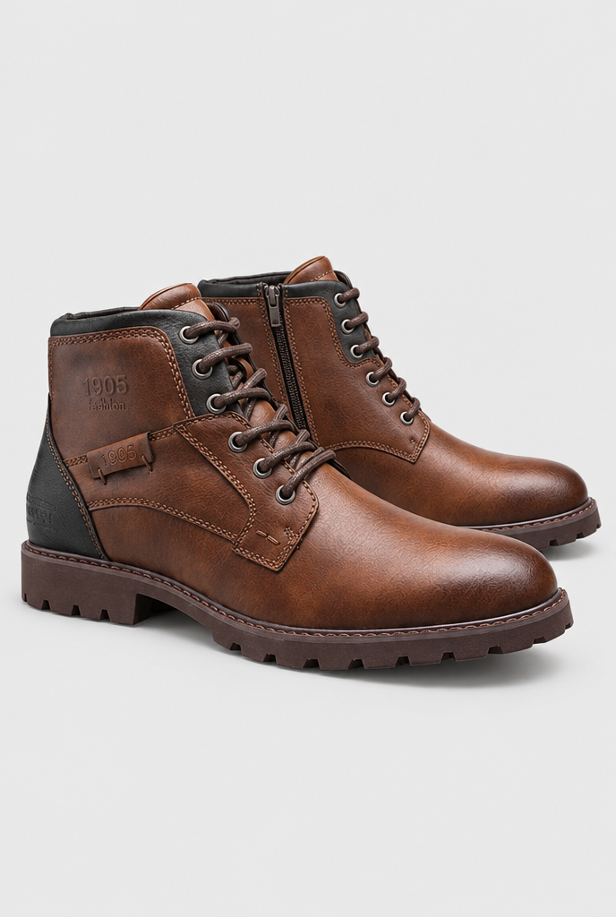 Boots à lacets et zip latéral effet cuir — Marron