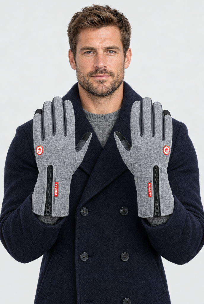 Gants d'hiver coupe-vent tactiles à poignet zippé — Gris — portée, plan large