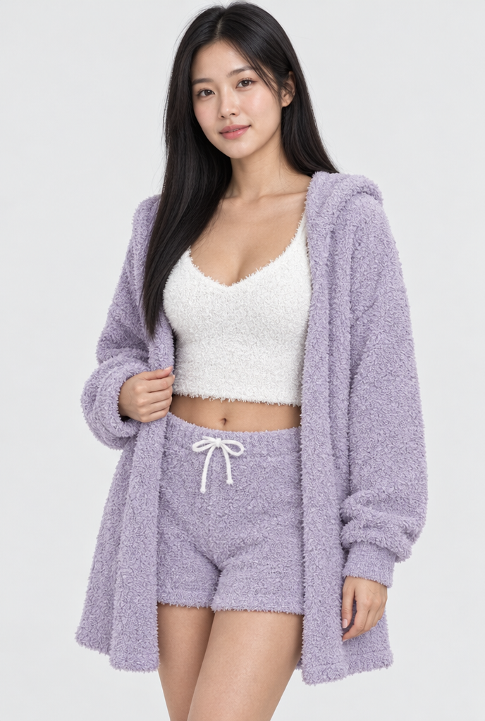 Lavender Fuzzy hooded cardigan, cami and shorts set, studio front