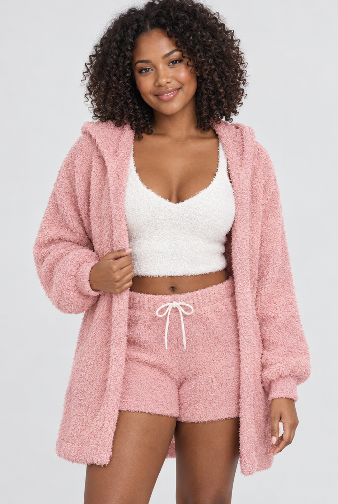 Blush Pink Fuzzy hooded cardigan, cami and shorts set, studio front