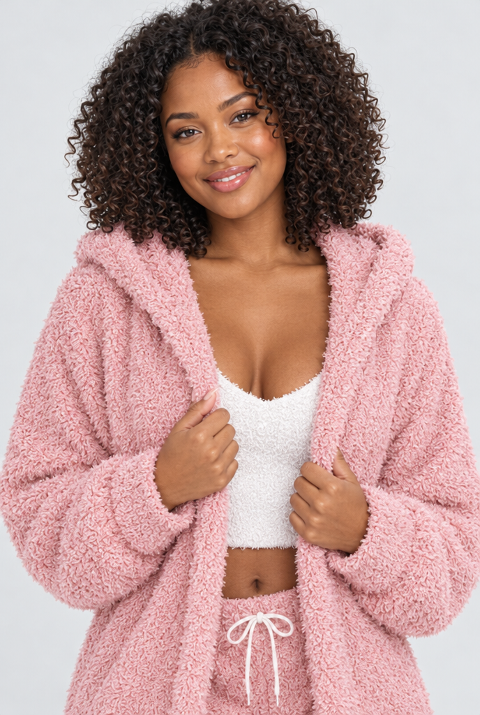 Fuzzy hooded cardigan, cami and shorts set, Blush Pink, close-up