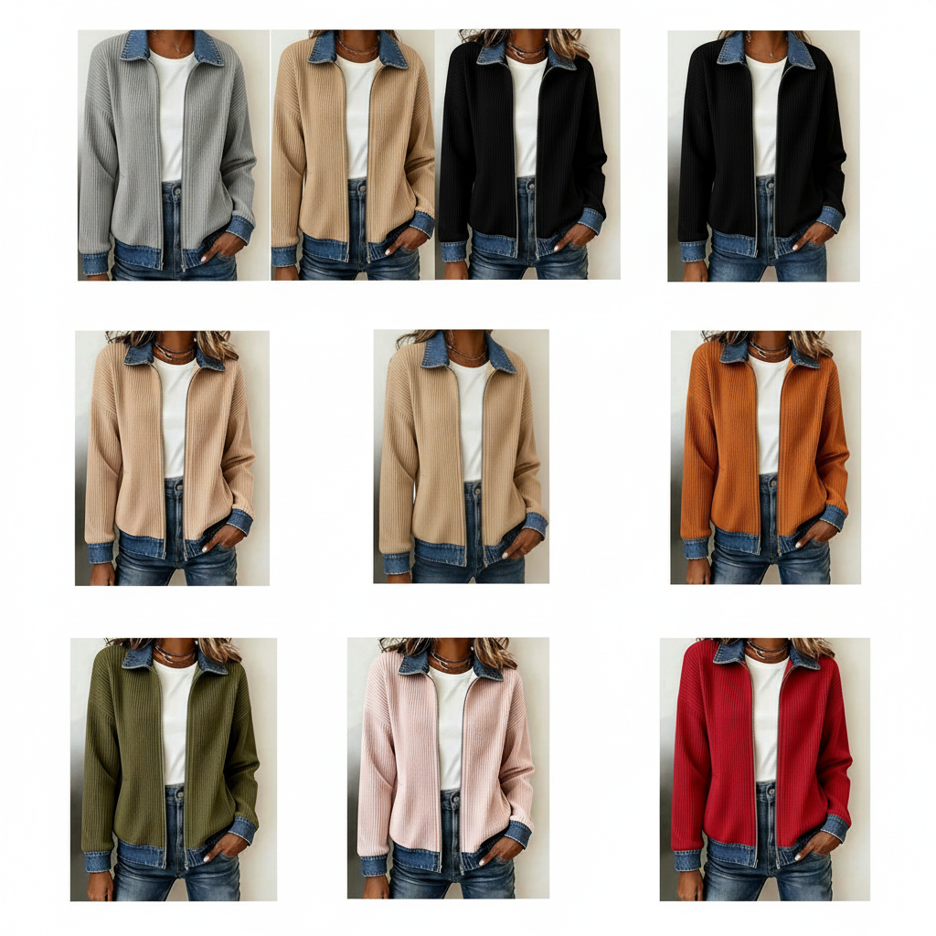 Ribbed Knit Zip Jacket with Denim Trim