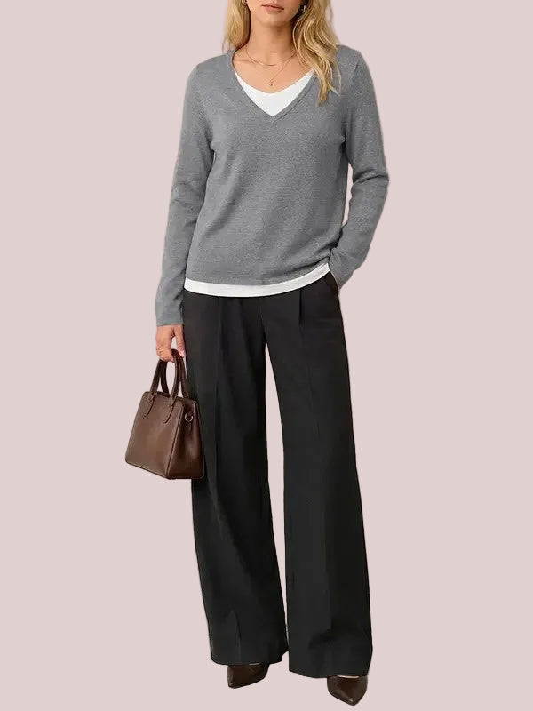 V-Neck Layered-Look Knit Sweater