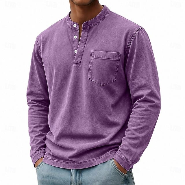 Men's Garment-Washed Long Sleeve Pocket Henley
