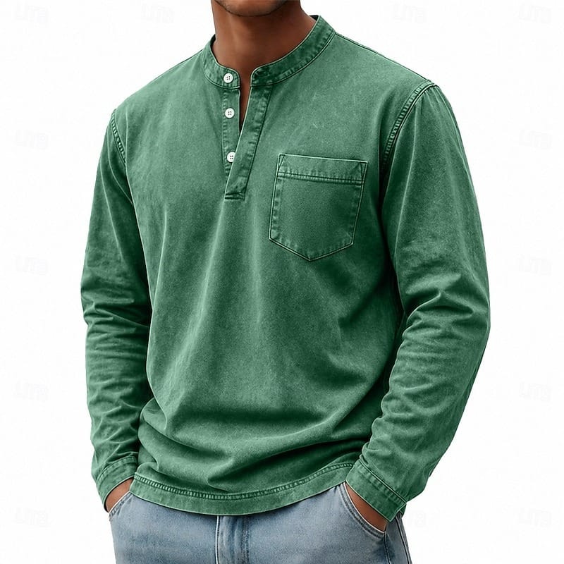 Men's Garment-Washed Long Sleeve Pocket Henley