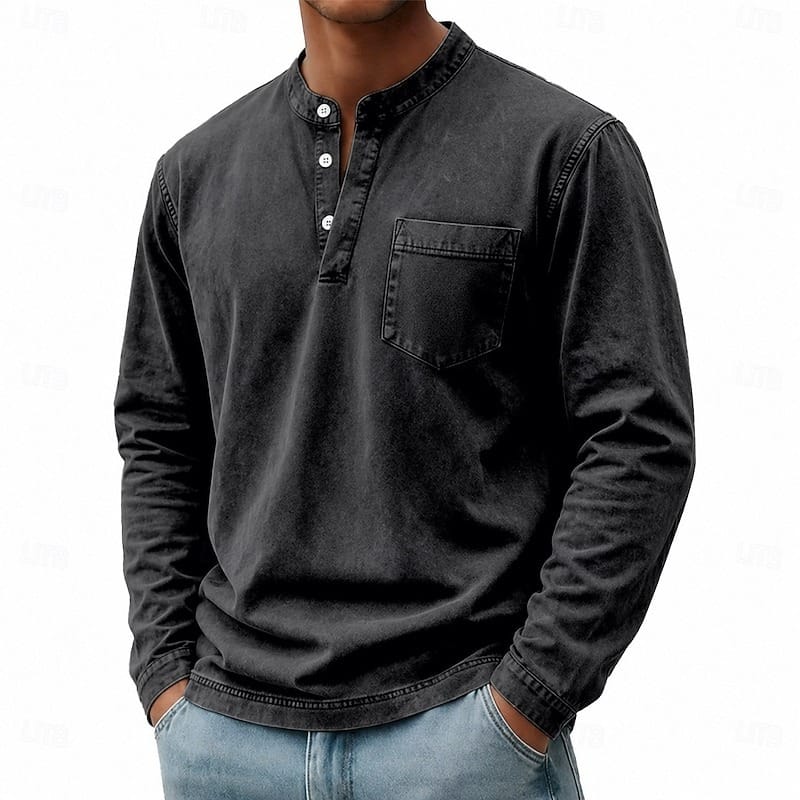 Men's Garment-Washed Long Sleeve Pocket Henley