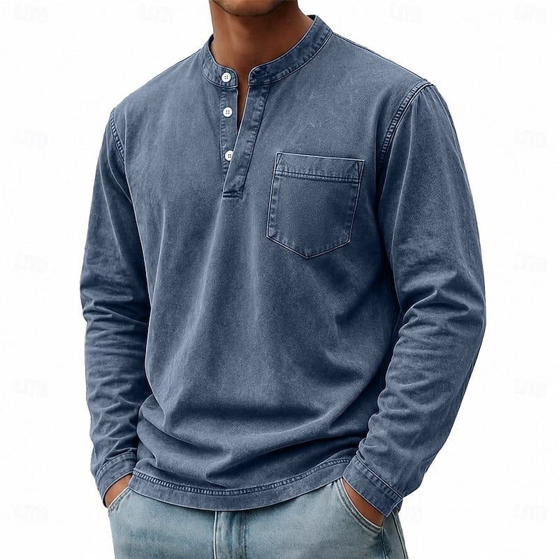 Men's Garment-Washed Long Sleeve Pocket Henley