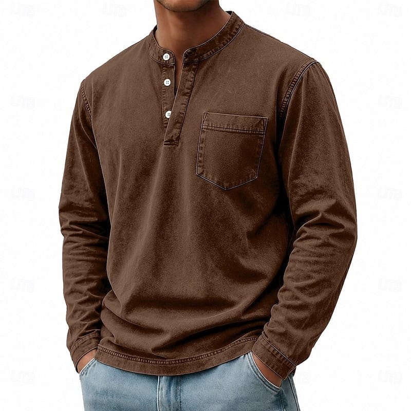Men's Garment-Washed Long Sleeve Pocket Henley