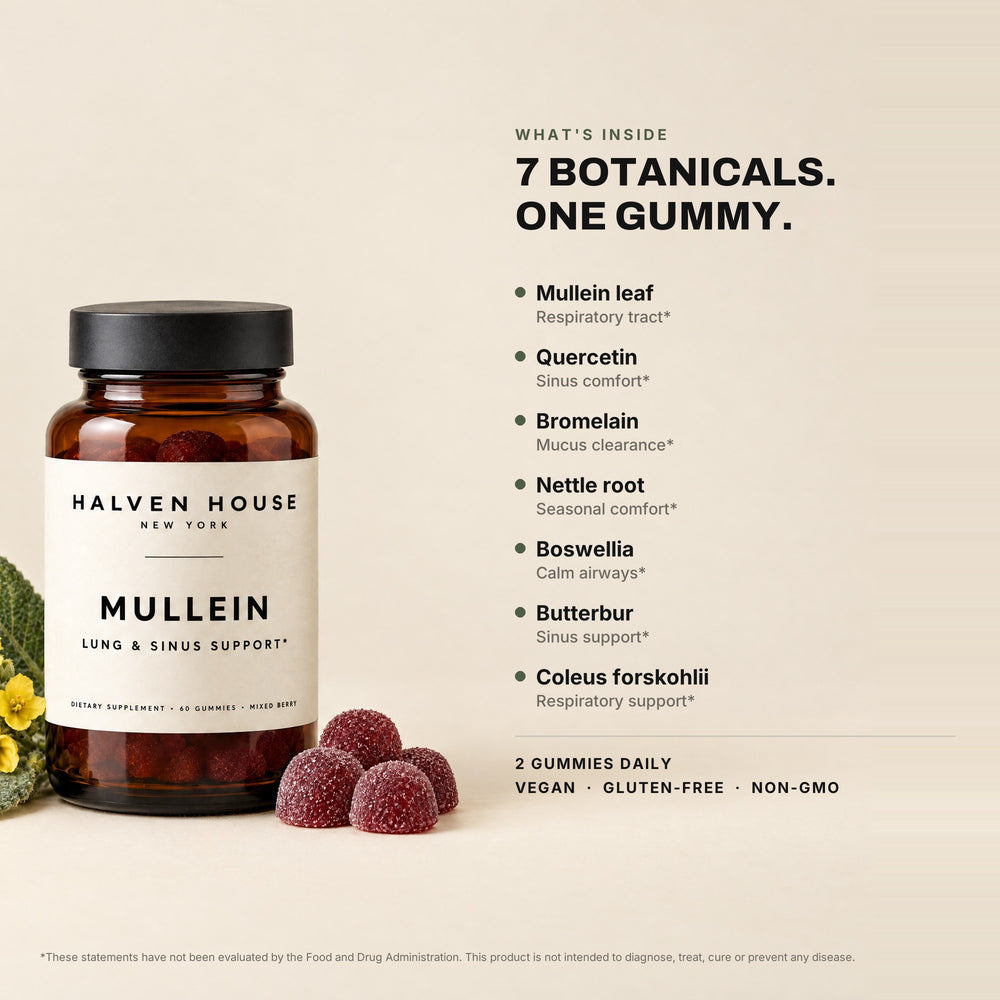 7 botanicals in one gummy: mullein leaf, quercetin, bromelain, nettle root, boswellia, butterbur, coleus forskohlii