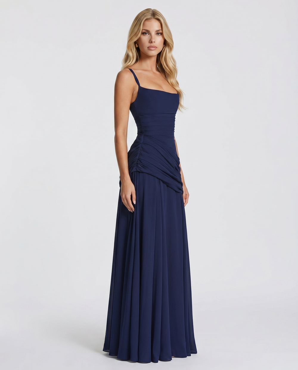 Ruched Square-Neck Maxi Dress in Navy