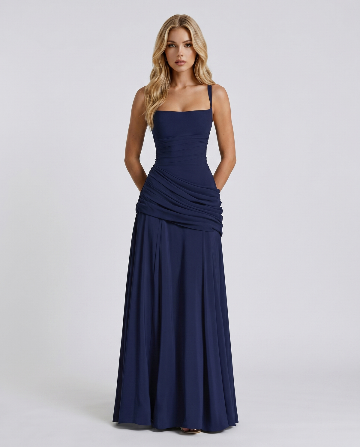 Ruched Square-Neck Maxi Dress in Navy