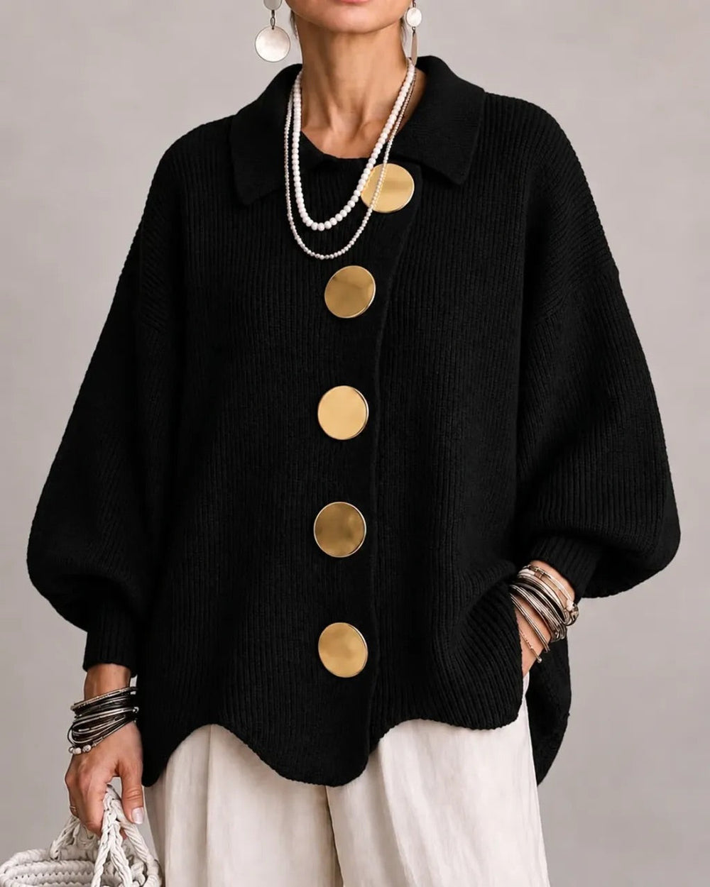 Oversized Collared Cardigan with Scalloped Hem