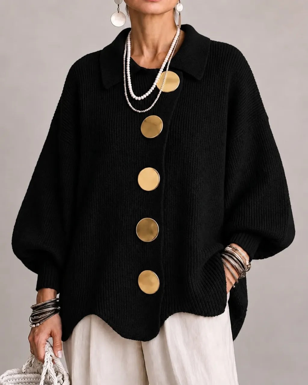Oversized Collared Cardigan with Scalloped Hem